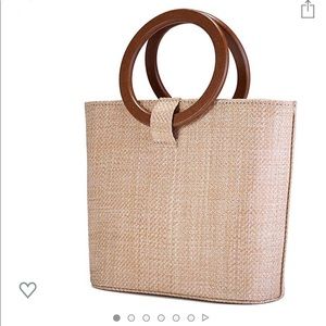 Straw woven handbag with wooden handles
